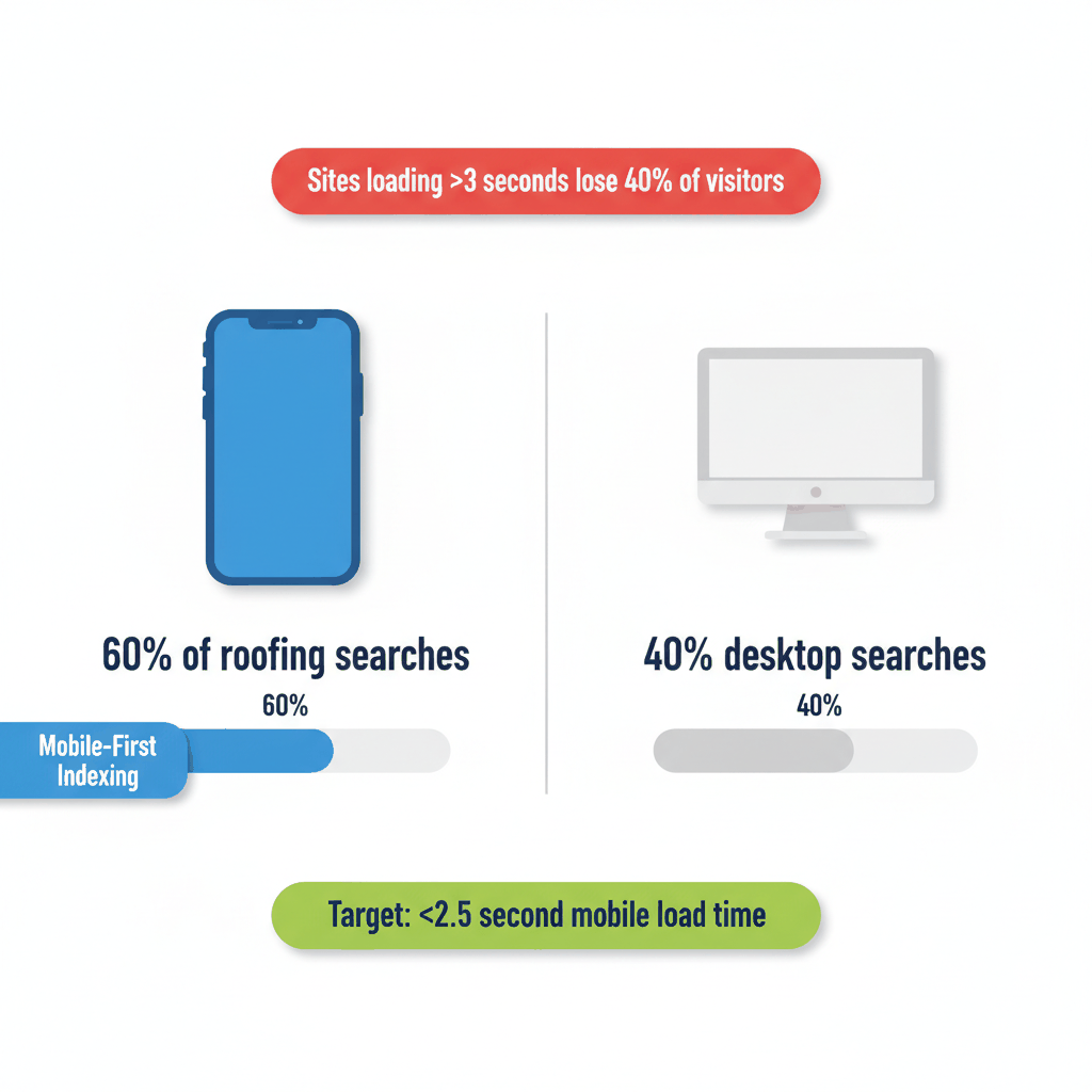 Mobile versus desktop roofing search statistics showing 60% mobile usage and 3-second load time requirements for lead generation