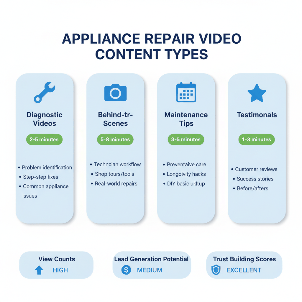 Video content types comparison showing diagnostic videos, behind-the-scenes repairs, maintenance tips, and customer testimonials with optimal lengths and engagement metrics