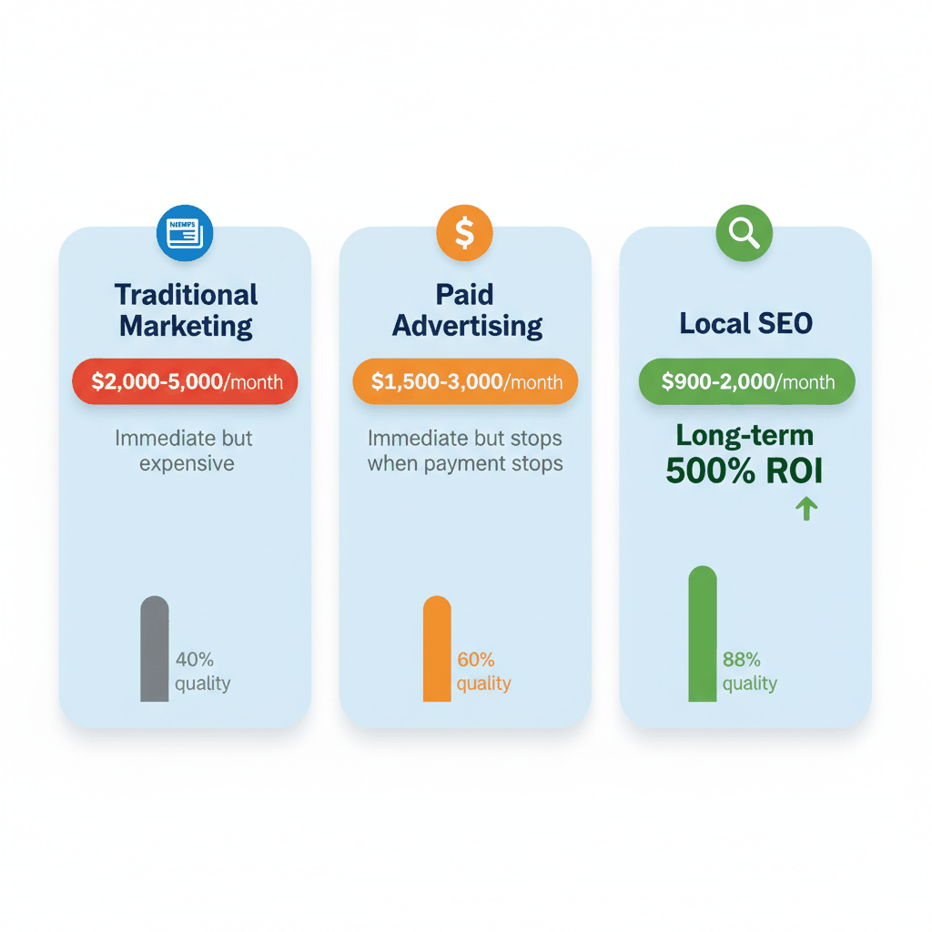 Local SEO vs traditional marketing ROI comparison chart for garage door companies showing cost-effectiveness and lead quality benefits