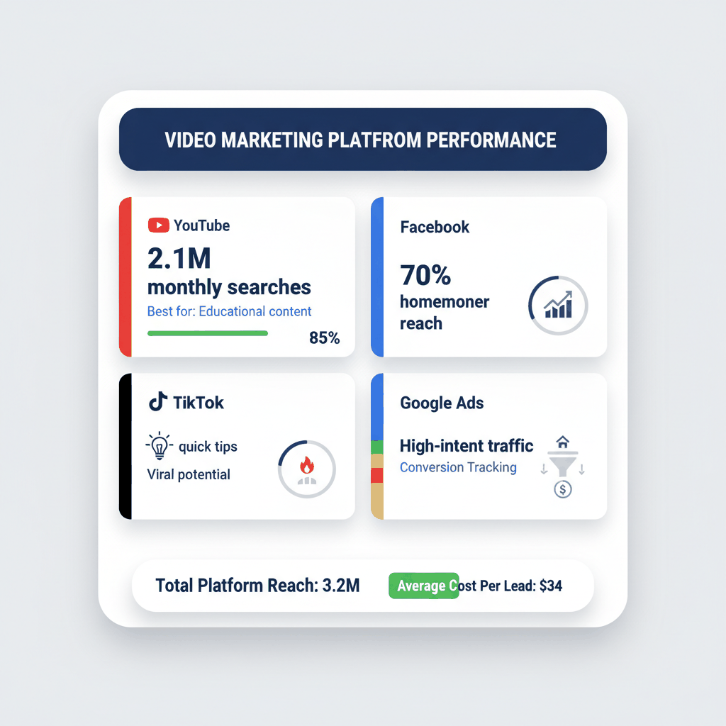 Platform strategy dashboard comparing YouTube, Facebook, TikTok and Google Ads performance metrics for appliance repair video marketing