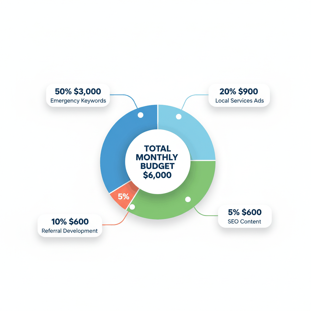 Water damage marketing budget allocation pie chart showing 50% for emergency keywords, 20% Local Services Ads, 15% SEO, 10% referrals, 5% testing