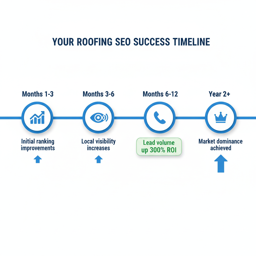 Roofing local SEO results timeline showing 3-6 month initial improvements and 300% ROI achievement within 12 months