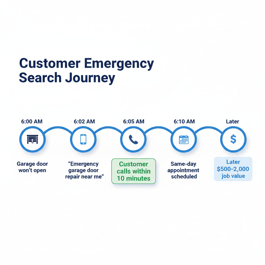 Customer emergency search timeline showing 10-minute decision window for garage door repairs and high job value potential