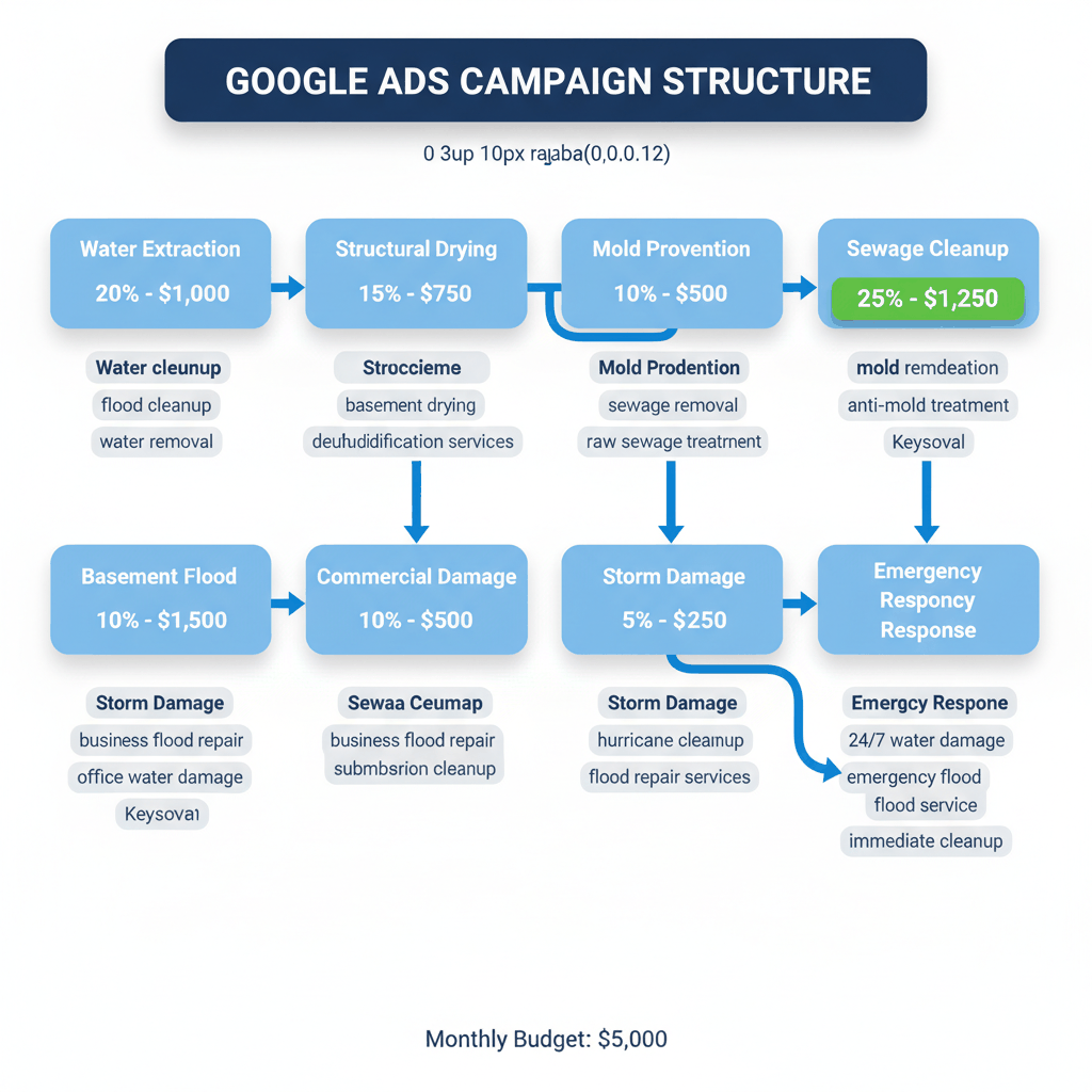 Google Ads campaign structure flowchart for water damage restoration showing 8 specialized campaigns with budget allocation and example keywords