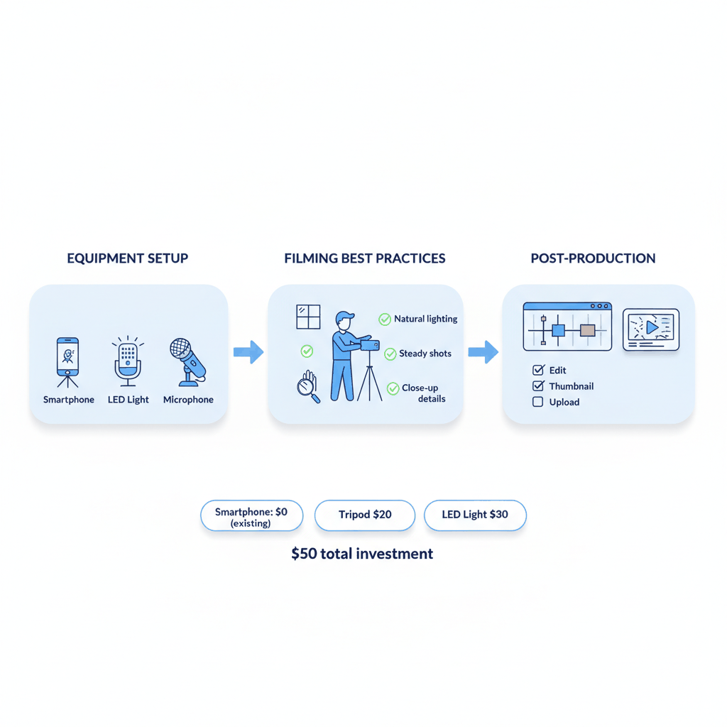 Video production setup guide showing equipment, filming practices, and post-production steps with cost breakdown for appliance repair marketing