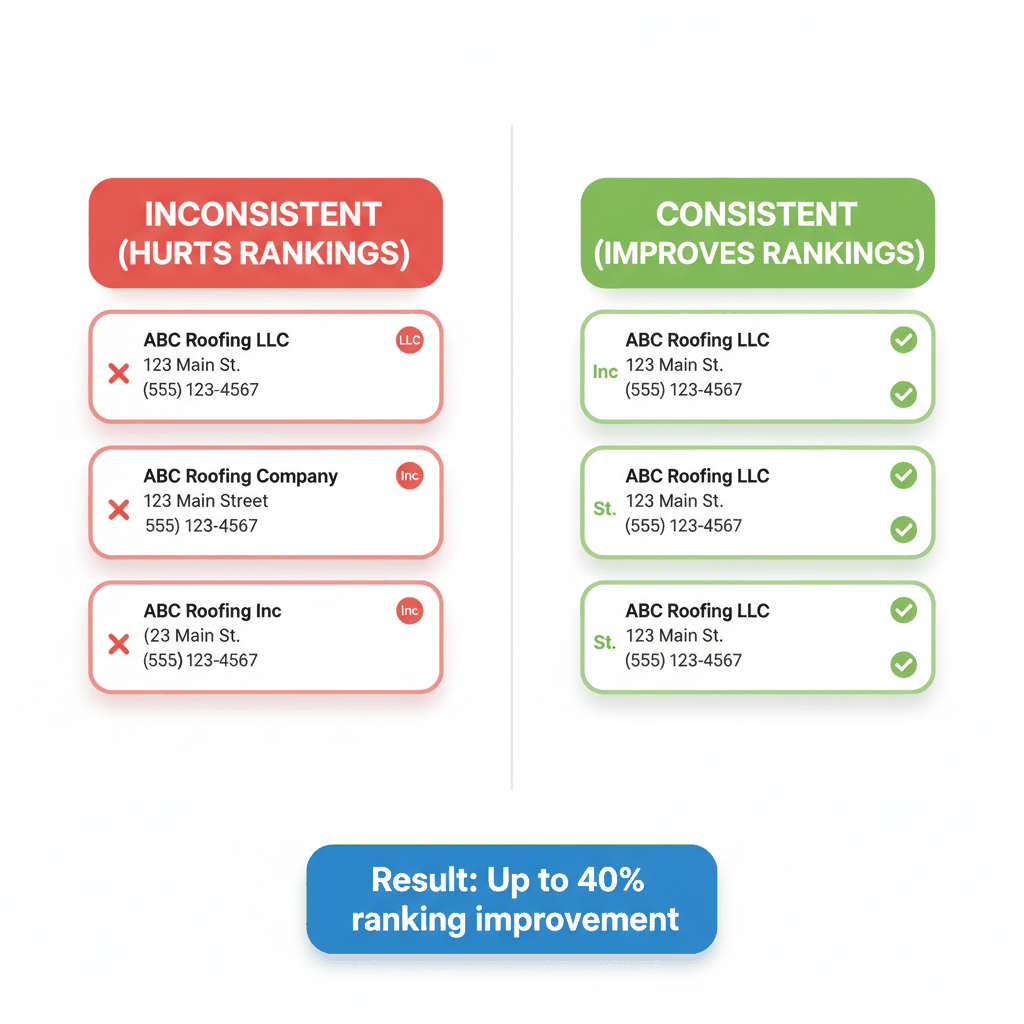 NAP consistency comparison showing incorrect versus correct business name, address, phone formatting across directories for roofing contractor SEO