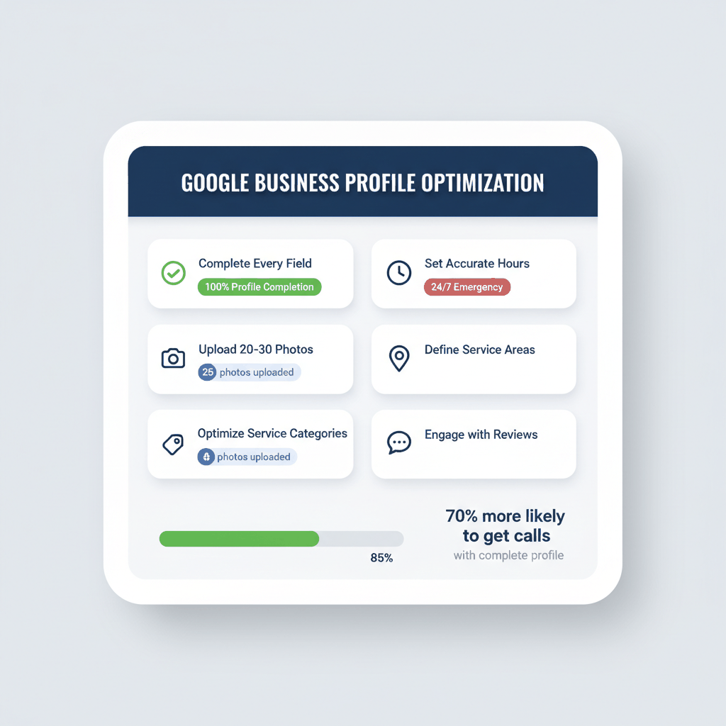 Google Business Profile optimization checklist showing complete profile requirements and 70% increase in call likelihood for garage door companies