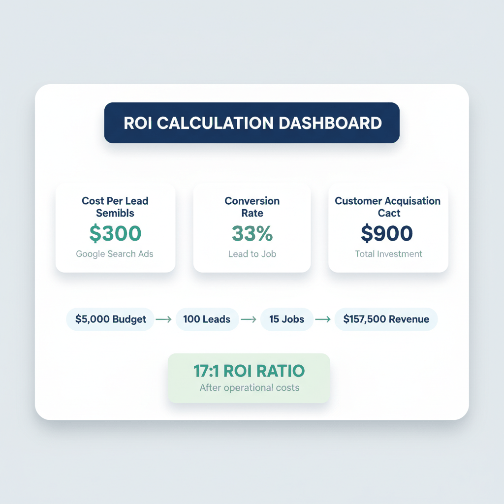 Water damage advertising ROI dashboard showing $300 cost per lead, 33% conversion rate, resulting in 17:1 return on investment calculation