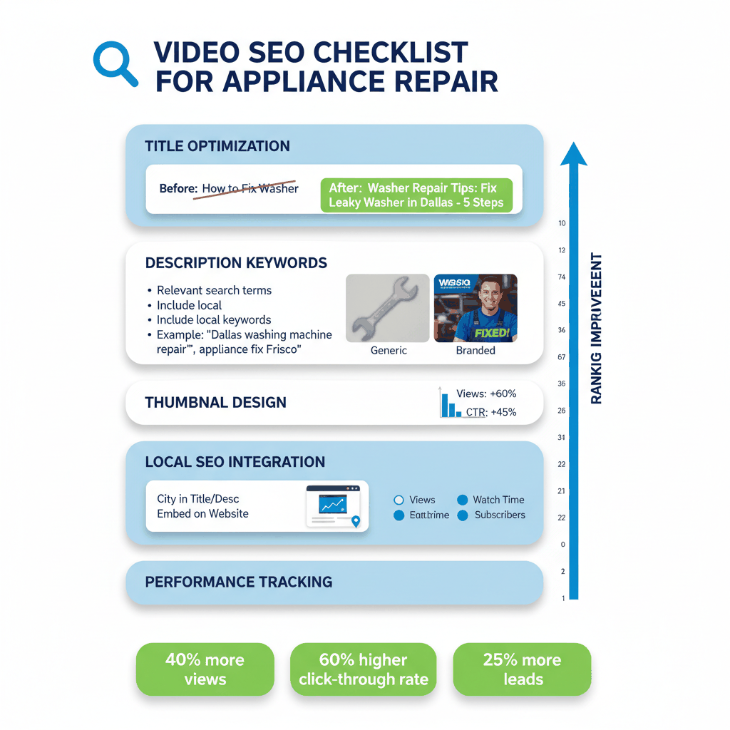 Video SEO optimization checklist showing title optimization, keyword strategy, thumbnails, local SEO integration and performance tracking methods
