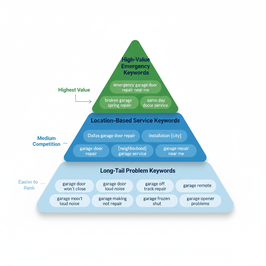 Local keyword strategy pyramid for garage door companies showing high-value emergency keywords, location-based terms, and long-tail problem searches