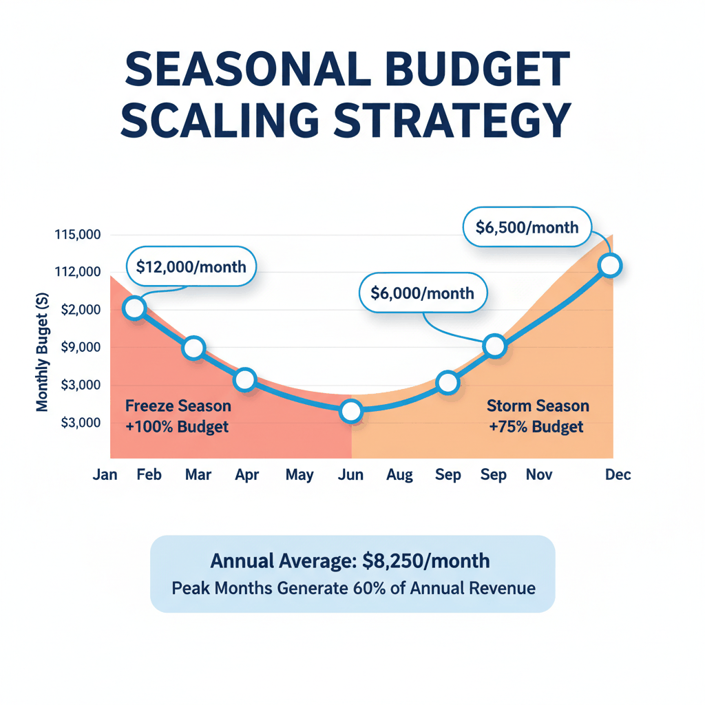 Seasonal water damage marketing budget timeline showing 100% increase during winter freeze season and 75% boost during storm season