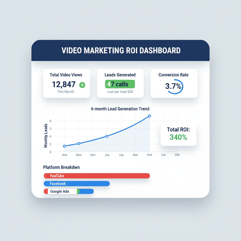 Video marketing ROI dashboard showing views, leads generated, conversion rates, and 340% return on investment for appliance repair marketing campaigns