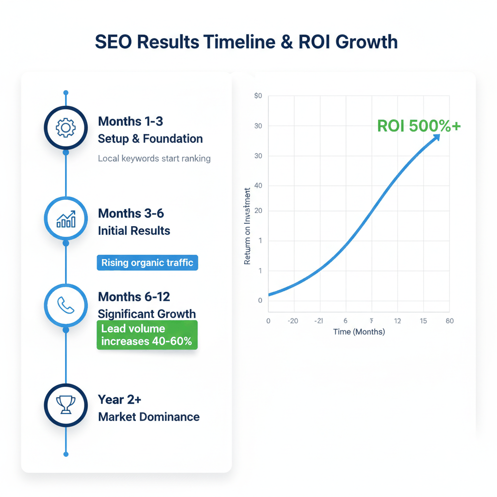 SEO timeline showing 3-6 month initial results, 40-60% lead growth at 6-12 months, and 500%+ ROI progression for garage door companies