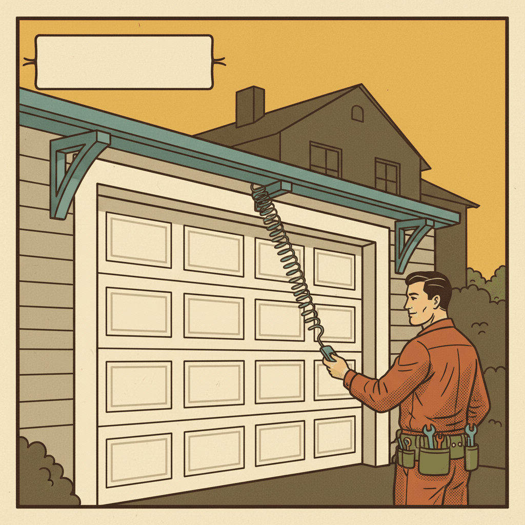 Vintage-style garage door technician working on residential overhead door - garage door review generation audit framework