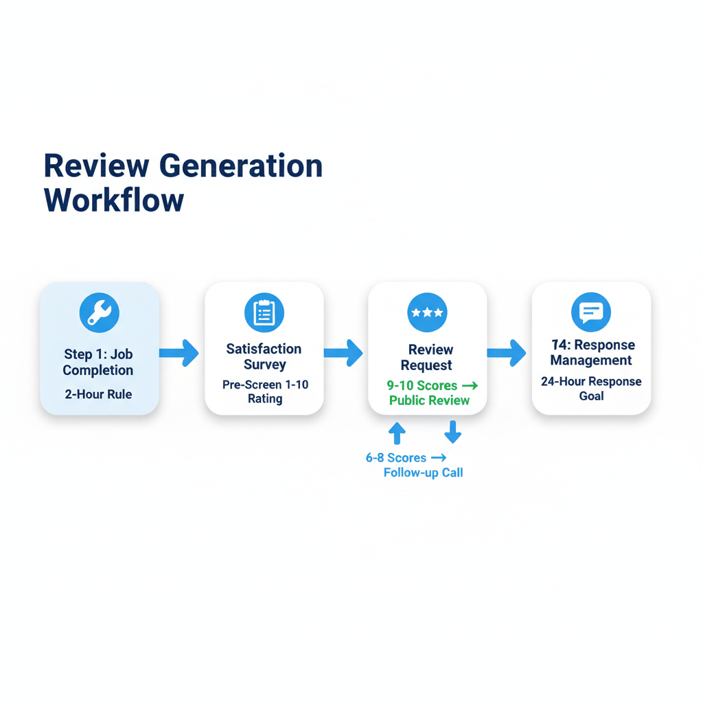Garage door review generation workflow showing 4-step process from job completion to response management