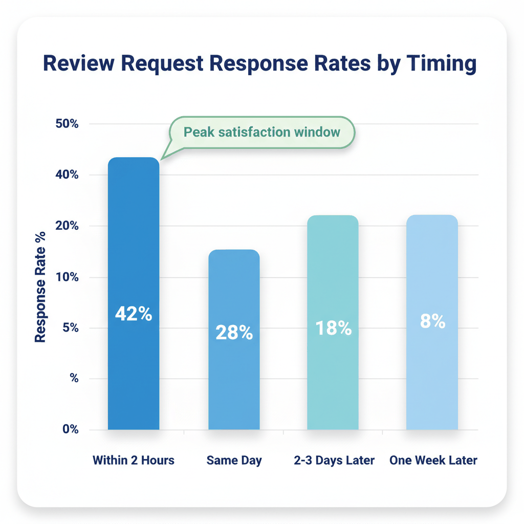 Bar chart showing garage door review request response rates decrease from 42% within 2 hours to 8% after one week