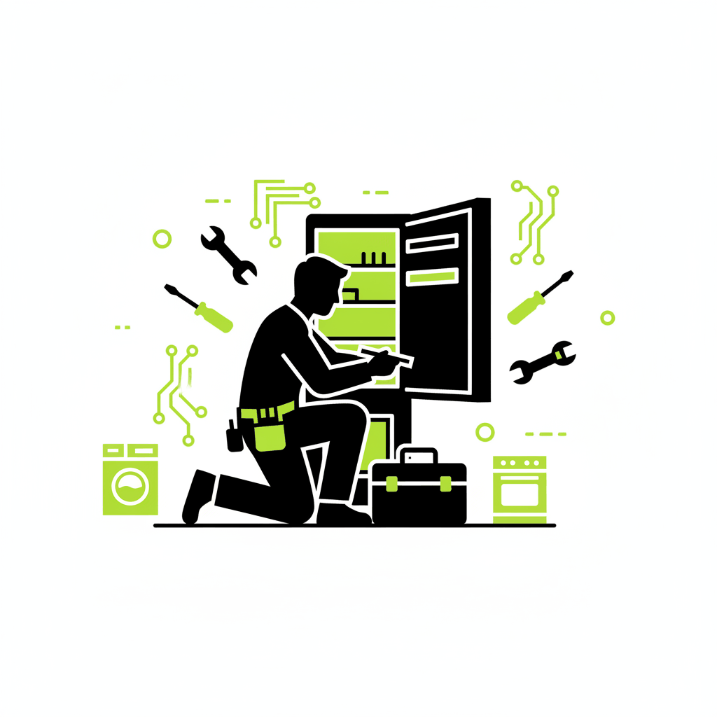 Bold graphic illustration of appliance repair technician fixing refrigerator - website design mistakes that kill conversions