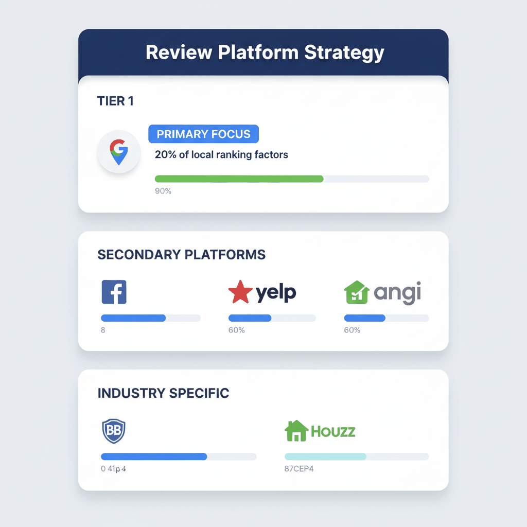 Review platform priority dashboard showing Google Business Profile as primary focus with 90% emphasis, secondary platforms at 60%