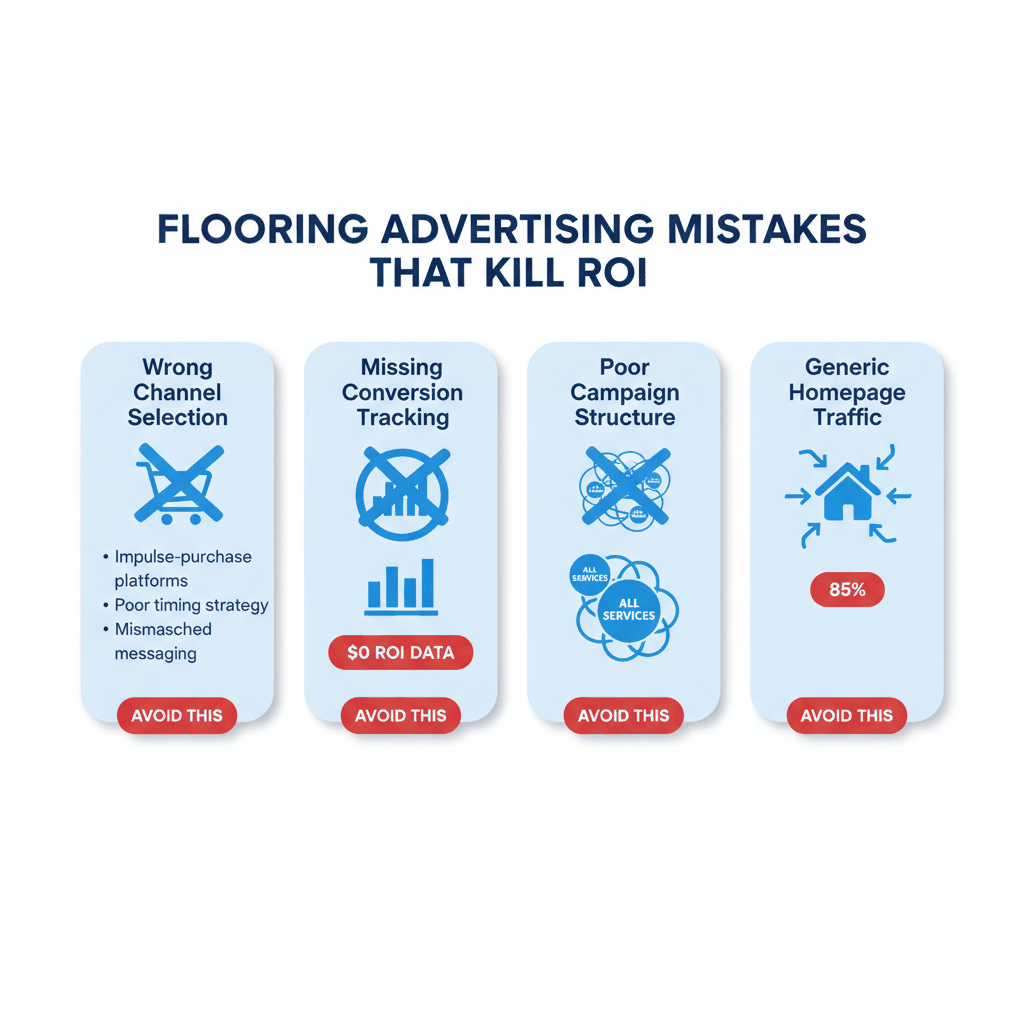 Common flooring advertising mistakes infographic showing wrong channel selection, missing tracking, poor structure, and generic homepages