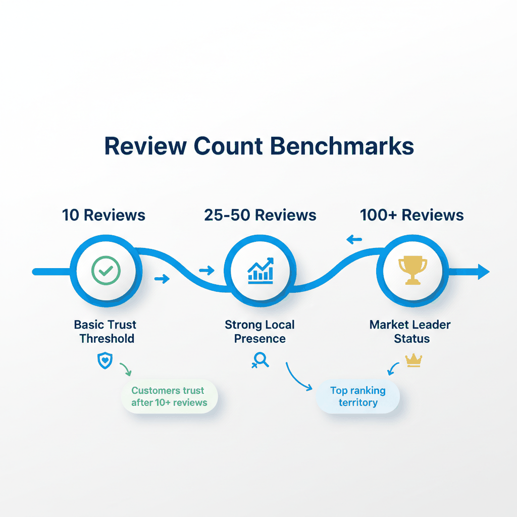 Review milestone progression showing 10 reviews for basic trust, 25-50 for local presence, 100+ for market leadership