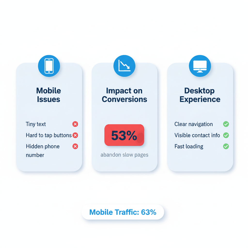 Mobile website problems vs desktop experience comparison showing 53% abandonment rate - appliance repair conversion optimization