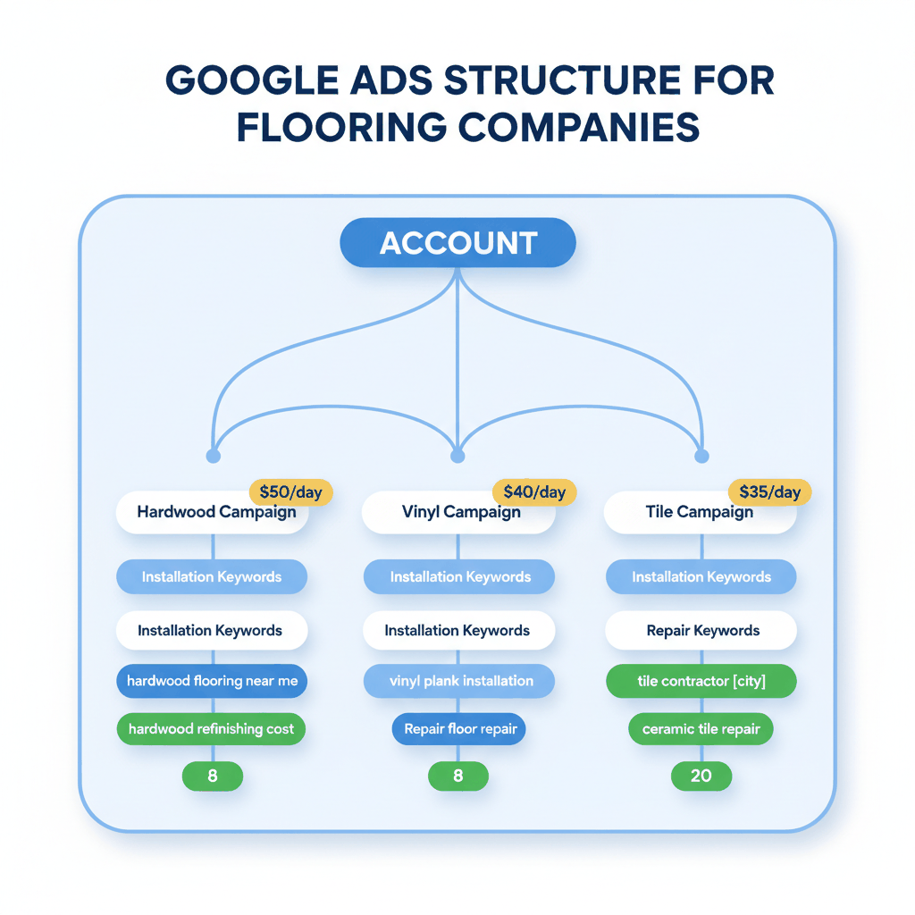 Google Ads campaign structure framework for flooring companies showing account hierarchy, campaigns, ad groups, and keywords