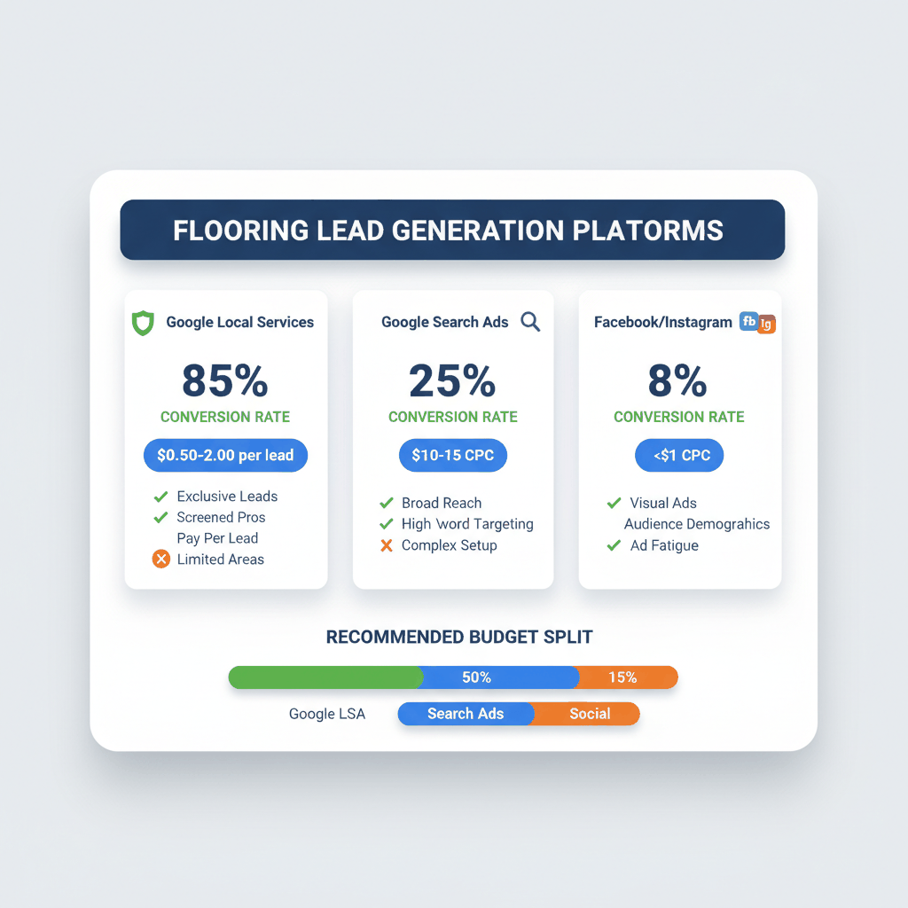 Flooring lead generation platform comparison showing Google Local Services, Google Search Ads, and Facebook advertising performance metrics