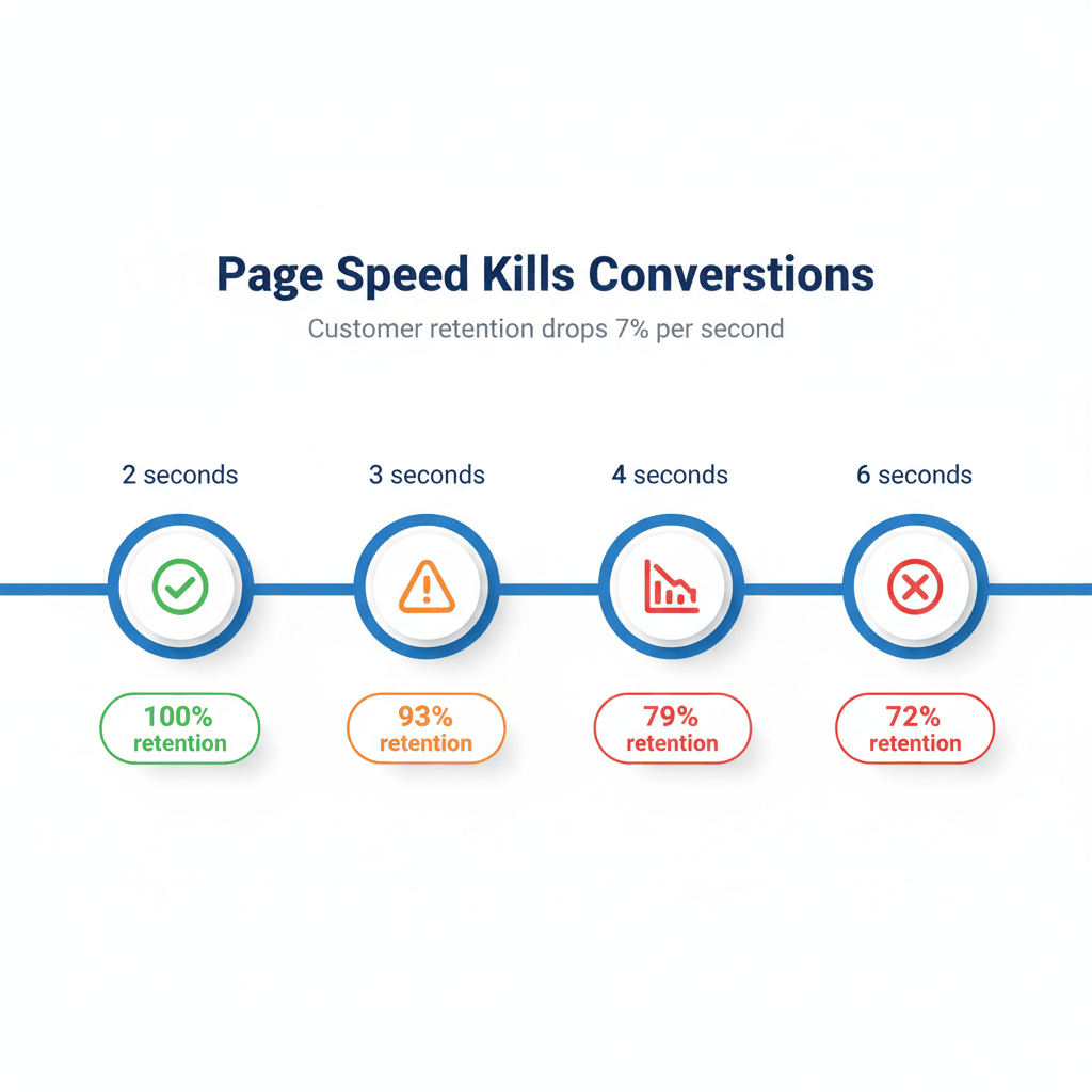 Website loading speed timeline showing conversion rate decline from 2 to 6 seconds - appliance repair website optimization