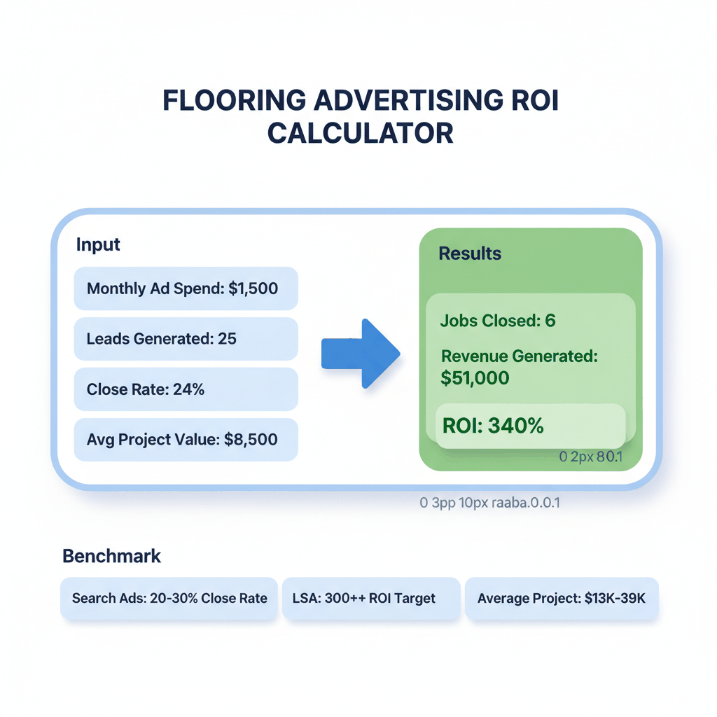 Flooring advertising ROI calculator showing $1500 monthly spend generating $51000 revenue with 340% return on investment