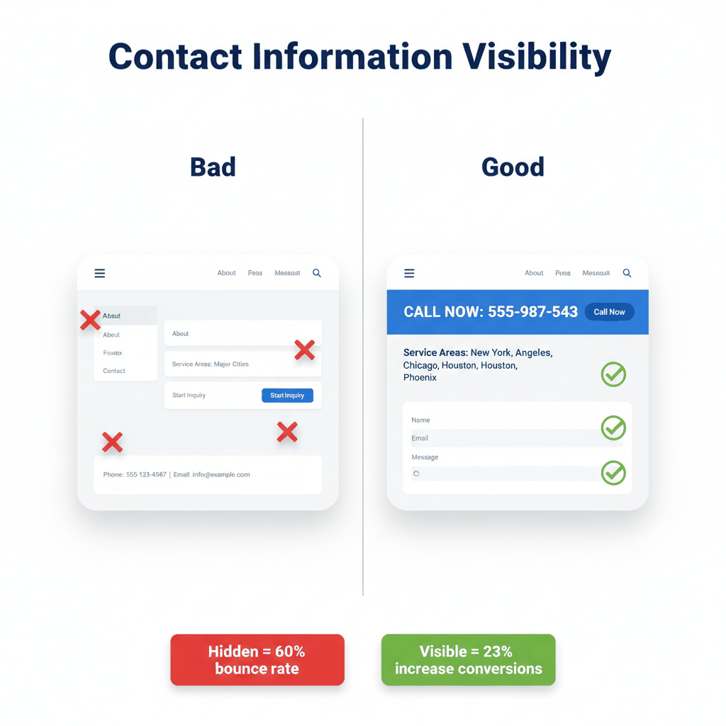 Website contact information visibility comparison showing hidden vs prominent phone numbers and service areas - appliance repair lead generation