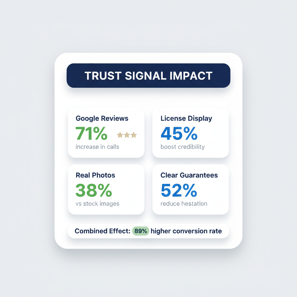 Trust signals effectiveness dashboard showing Google reviews 71% impact and licensing 45% credibility boost - appliance repair website conversion