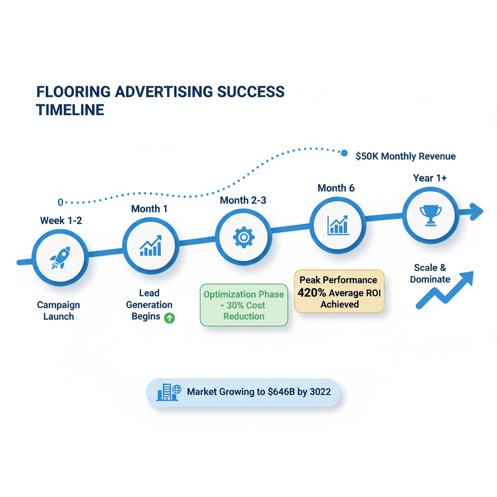 Flooring advertising success timeline showing campaign launch through 420% ROI achievement and $50K monthly revenue growth