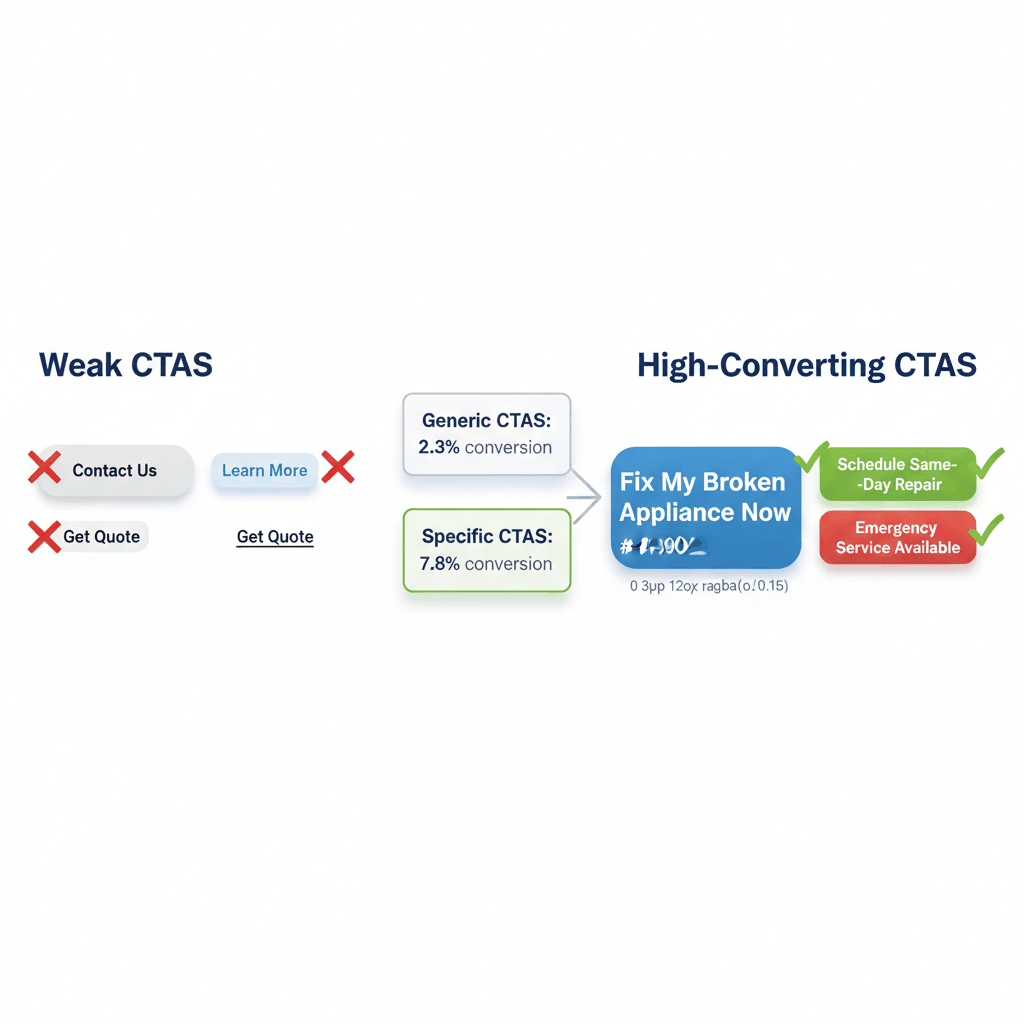 Call-to-action button comparison showing weak generic CTAs vs high-converting specific appliance repair buttons - website conversion optimization
