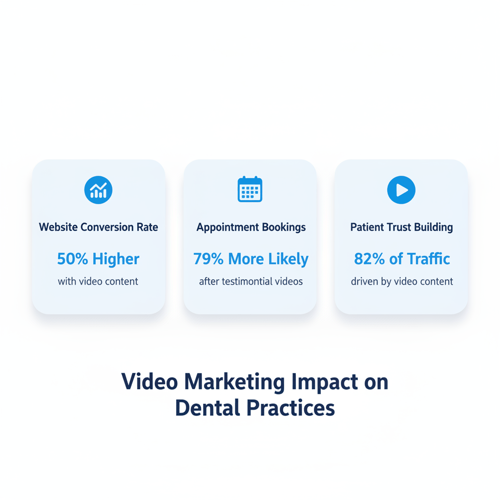 Dental video marketing statistics dashboard showing 50% higher conversion rates, 79% more appointment bookings, and video content driving 82% of online traffic