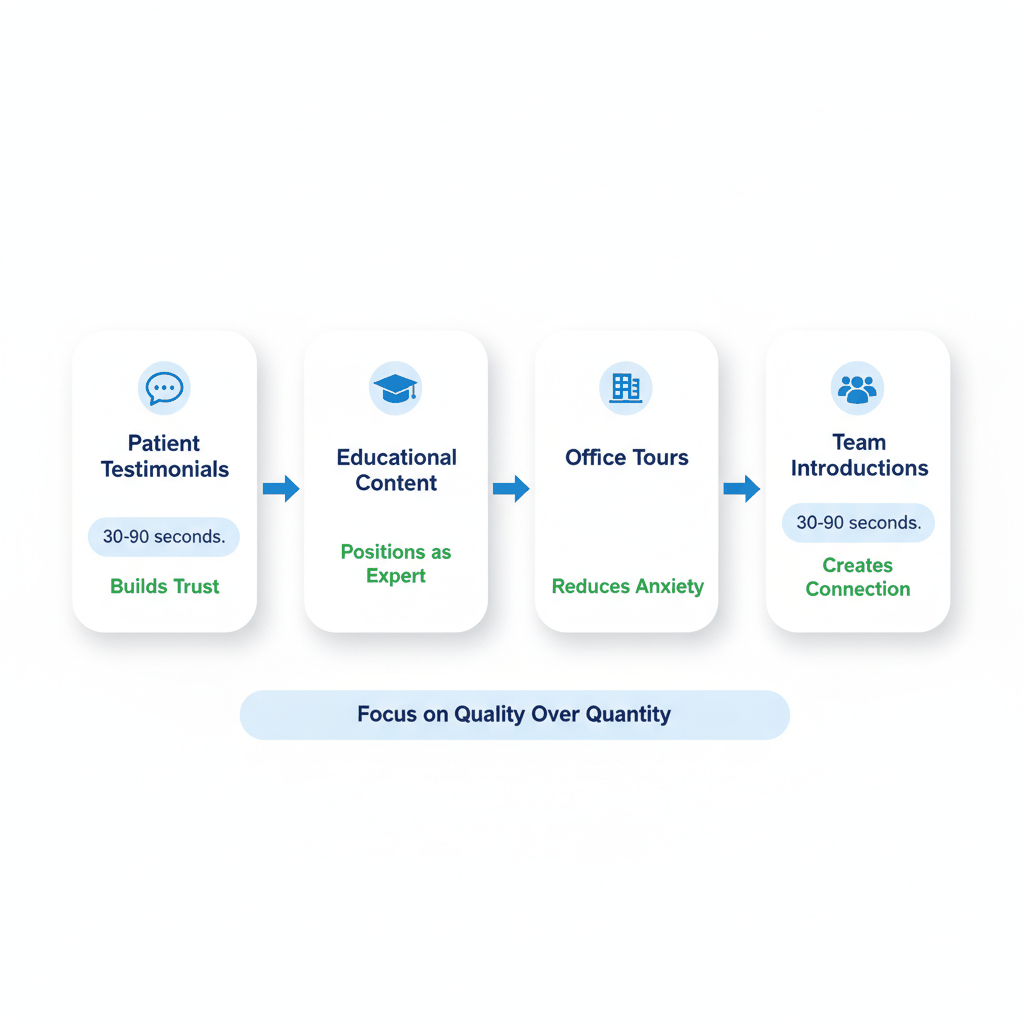 Four essential dental video types: patient testimonials, educational content, office tours, and team introductions with optimal duration and benefits