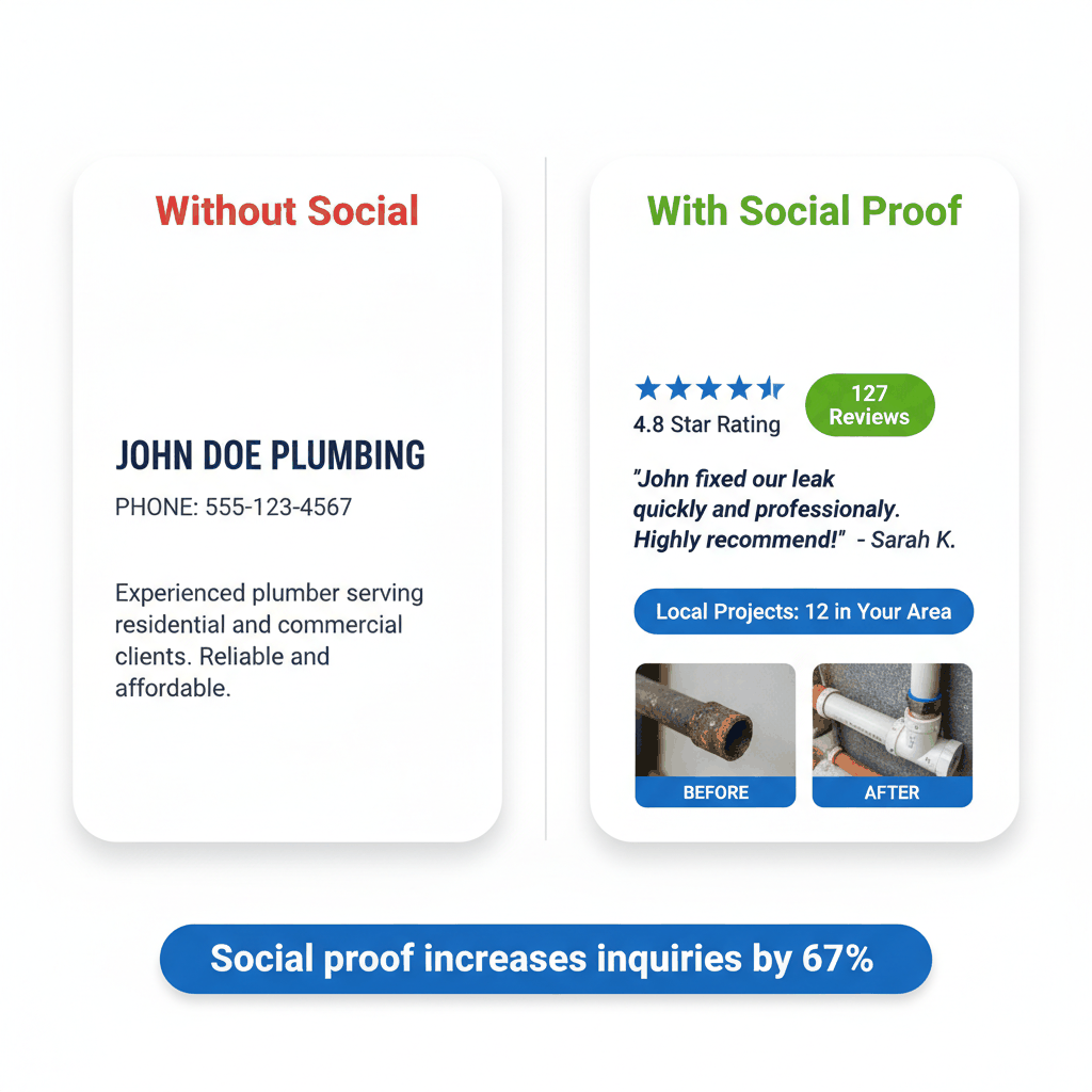 Social proof elements comparison for painting contractors showing increased credibility and trust signals