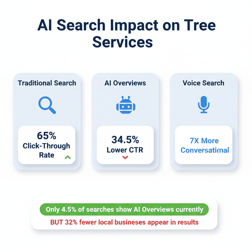 AI search impact comparison showing click-through rate decreases and local business visibility changes for tree service marketing
