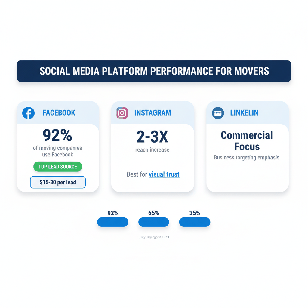 Social media platform performance comparison dashboard showing Facebook leads moving companies with 92% usage rate and best ROI