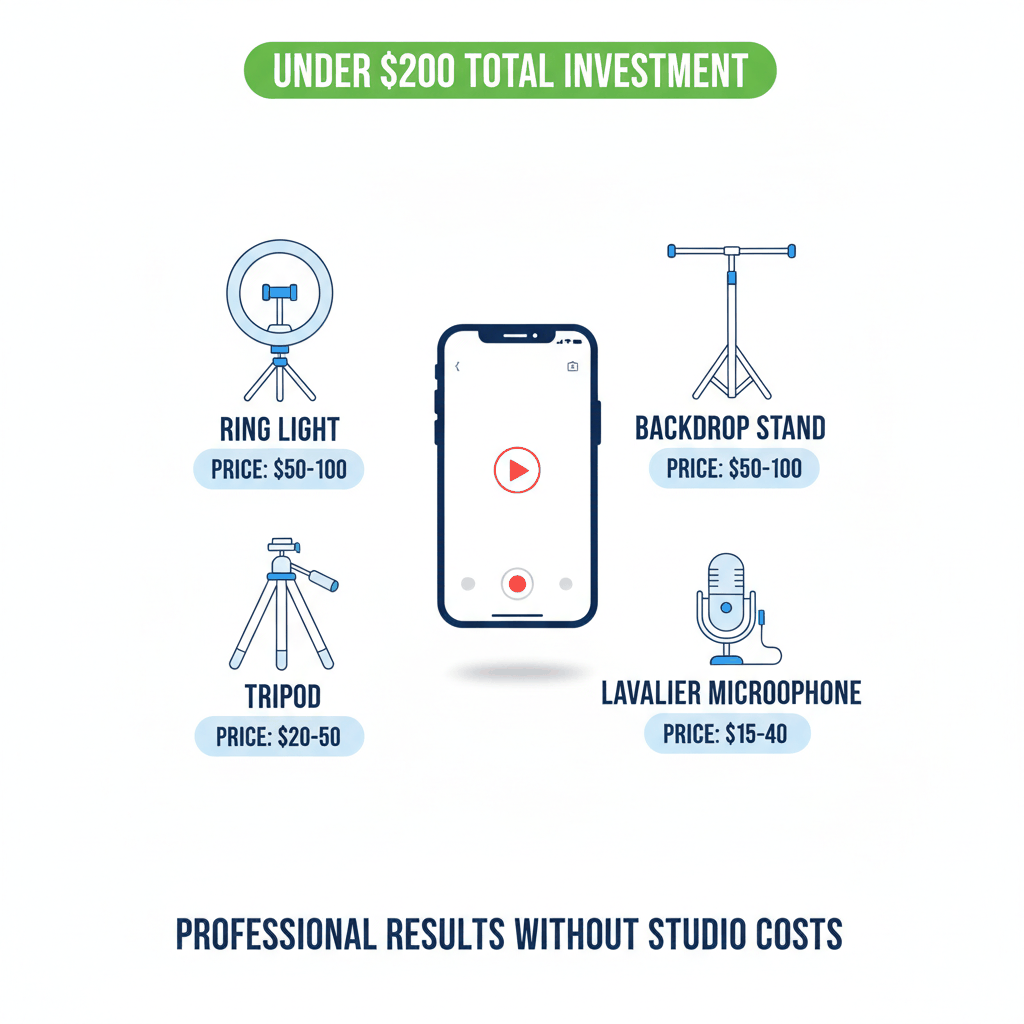 Essential dental video production equipment under $200: smartphone, ring light, tripod, lavalier microphone, and backdrop for professional video marketing