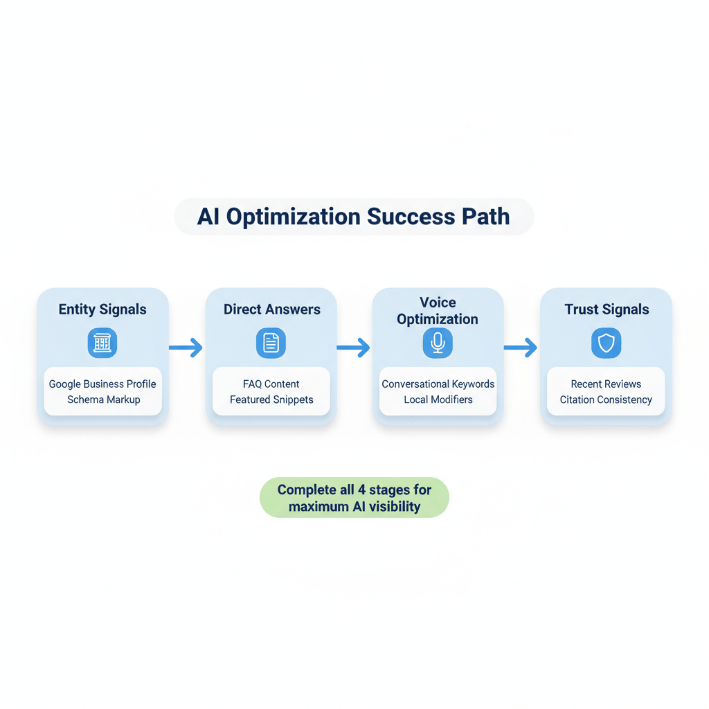 Tree service AI optimization roadmap showing four-stage process from entity signals to trust signals for improved search visibility