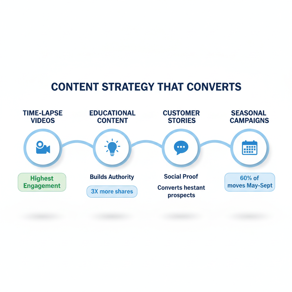 Content strategy timeline showing four key content types for moving companies from time-lapse videos to seasonal campaigns