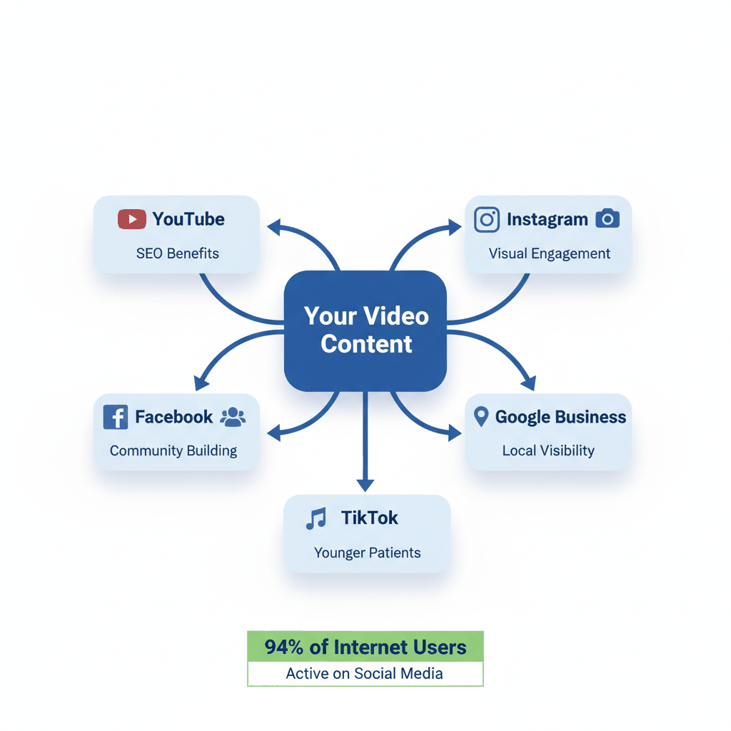 Video distribution strategy showing YouTube, Instagram, Facebook, Google Business, and TikTok platforms with specific benefits for dental practice marketing
