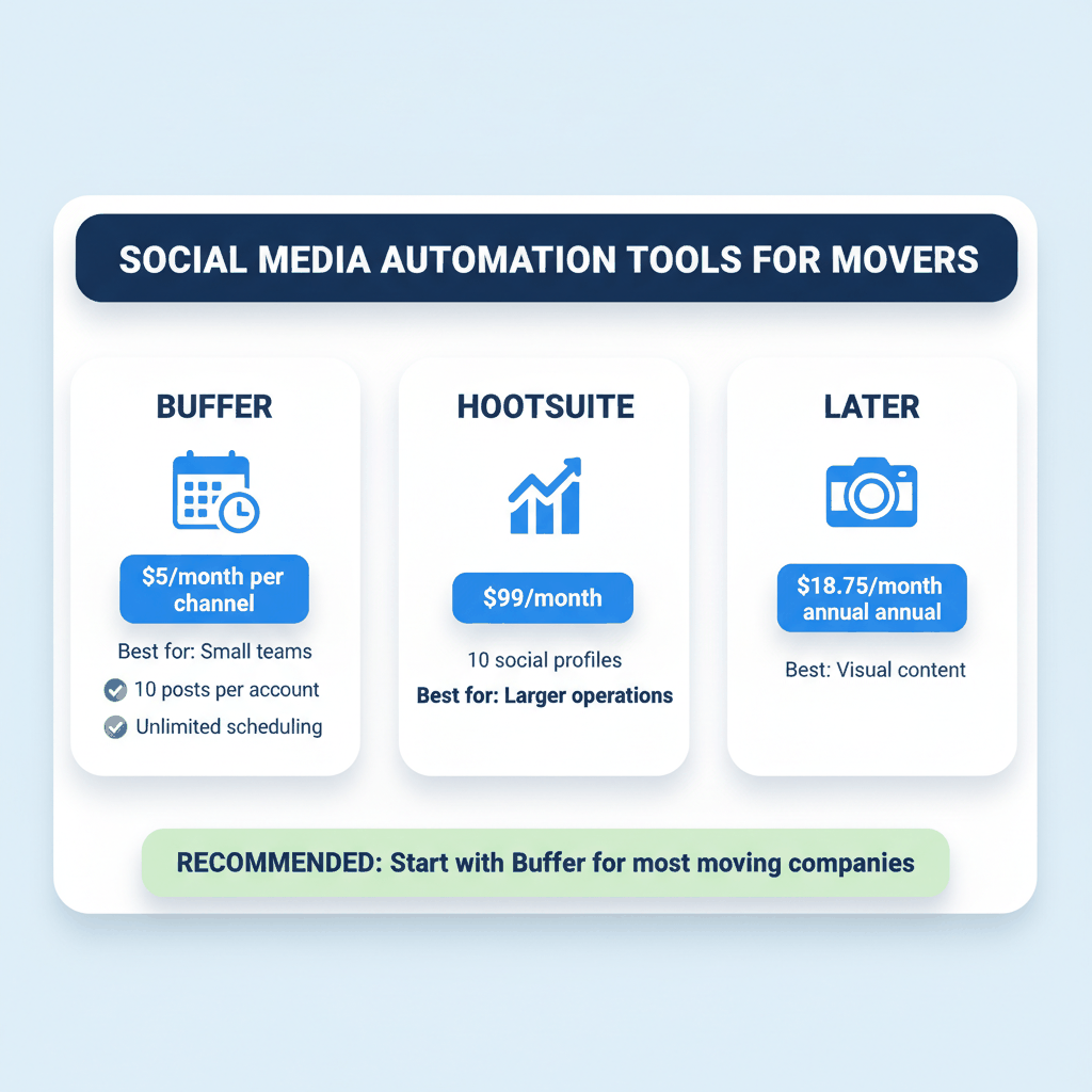 Social media automation tools comparison showing Buffer, Hootsuite, and Later with pricing and features for moving companies