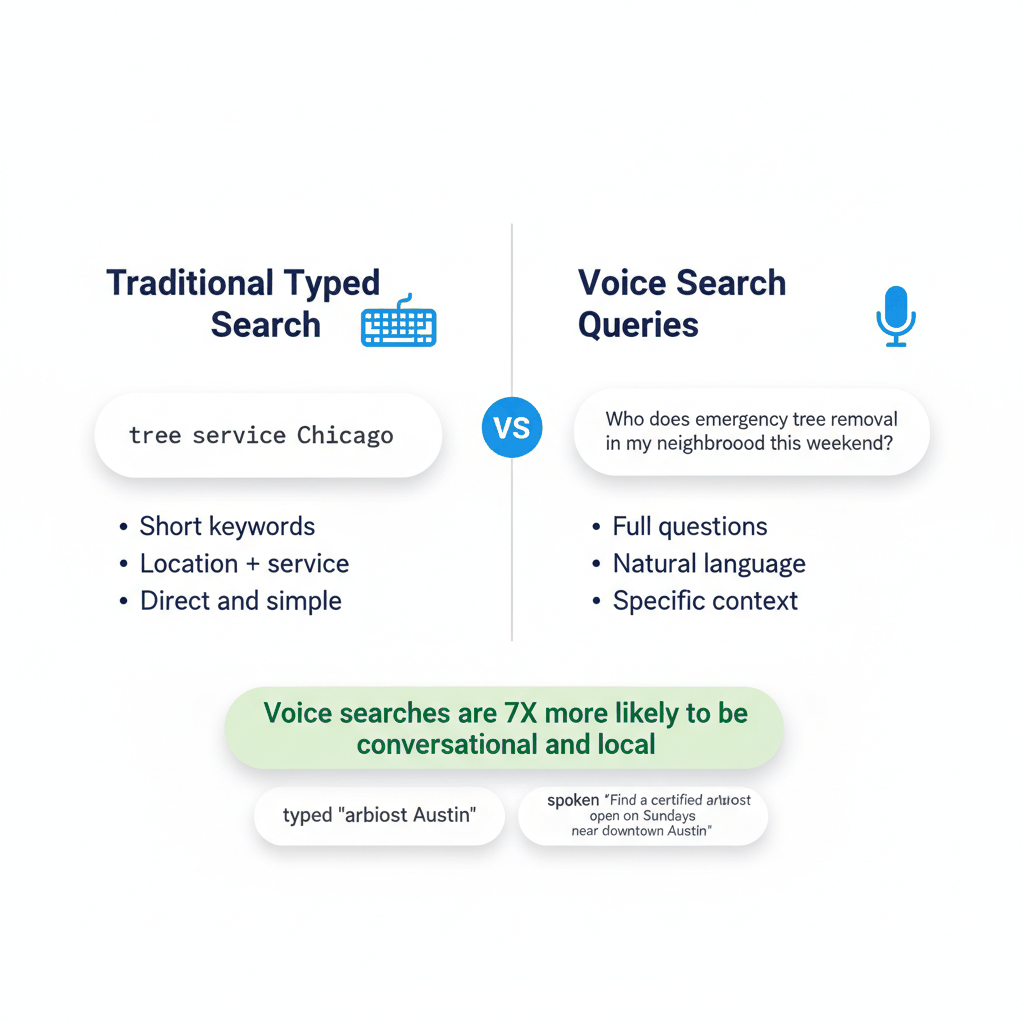 Comparison of traditional typed search versus voice search behavior patterns for tree service keyword optimization