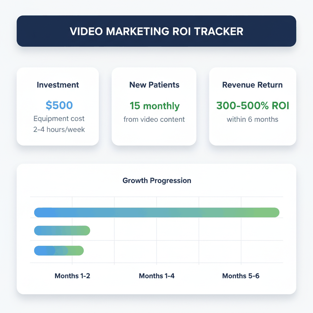 Dental video marketing ROI dashboard showing $500 investment, 15 new monthly patients, and 300-500% return within 6 months