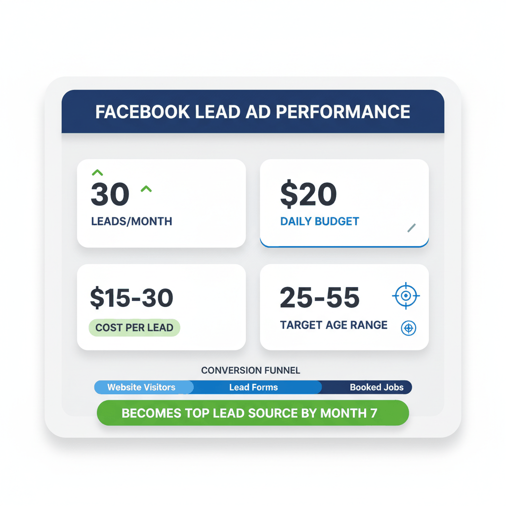 Facebook lead generation performance dashboard showing 30 leads monthly at $15-30 cost per lead for moving companies