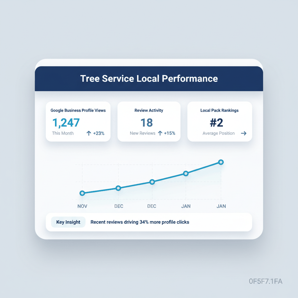 Local SEO performance dashboard showing Google Business Profile metrics, review activity, and ranking improvements for tree service businesses