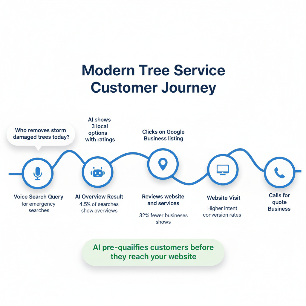 Customer journey flowchart showing how tree service prospects move from voice search through AI overviews to business contact