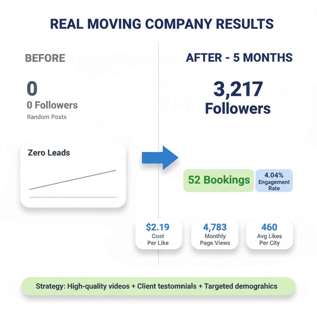 Moving company case study results showing growth from 0 to 3,217 followers and 52 bookings in 5 months through strategic social media