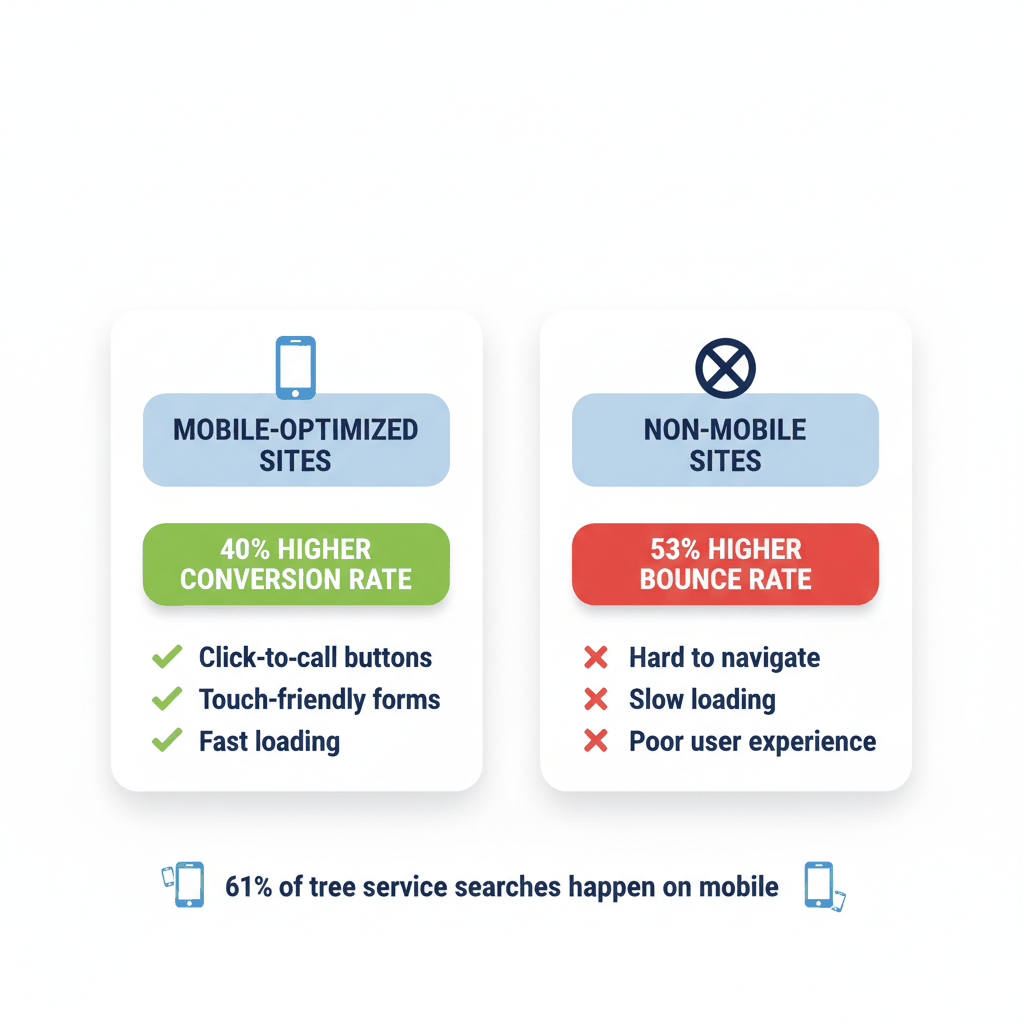 Mobile-optimized vs non-mobile tree service website conversion rate comparison showing 40% higher conversions